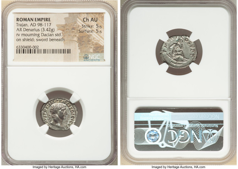 Trajan (AD 98-117). AR denarius (19mm, 3.42 gm, 7h). NGC Choice AU 5/5 - 5/5. Ro...