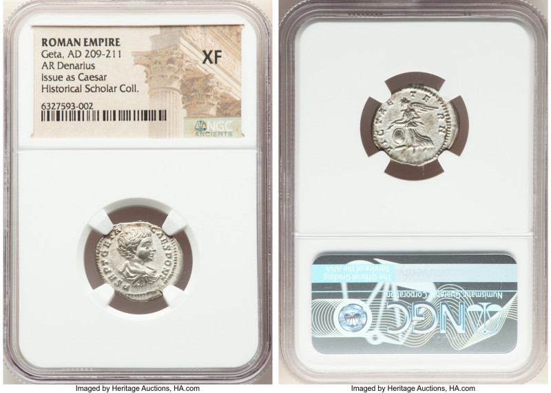 Geta, as Caesar (AD 198-209). AR denarius (19mm, 5h). NGC XF. Rome, AD 200-202. ...