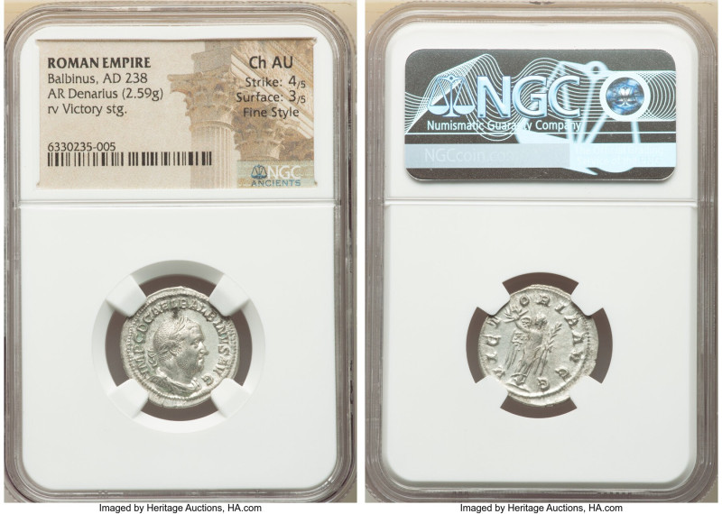 Balbinus (April-July AD 238). AR denarius (20mm, 2.59 gm, 1h). NGC Choice AU 4/5...