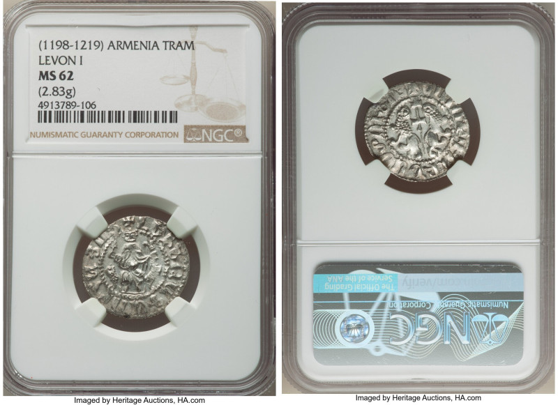 Cilician Armenia. Levon I Tram ND (1198-1219) MS62 NGC, 2.83gm. Levon I enthrone...