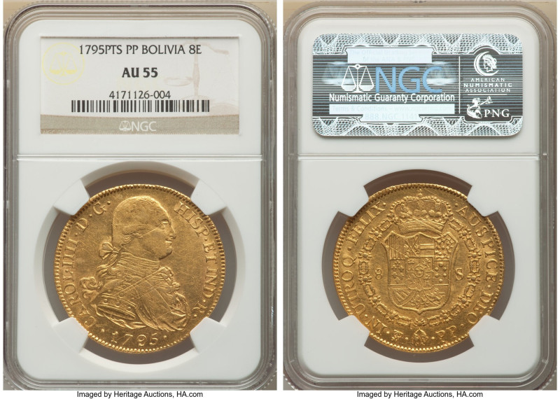 Charles IIII gold 8 Escudos 1795 PTS-PP AU55 NGC, Potosi mint, KM81. Obverse adj...