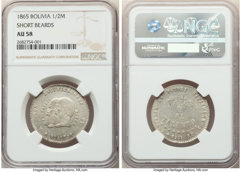 Republic 1/2 Melgarejo 1865 AU58 NGC, KM145.2. Short Beards variety. 

HID098012...