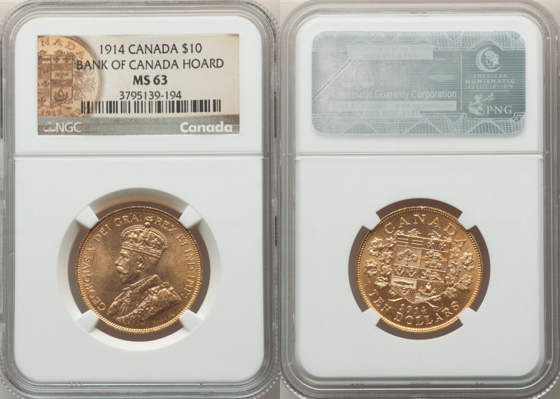 George V gold 10 Dollars 1914 MS63 NGC, KM27. Ex. Bank of Canada Hoard 

HID0980...