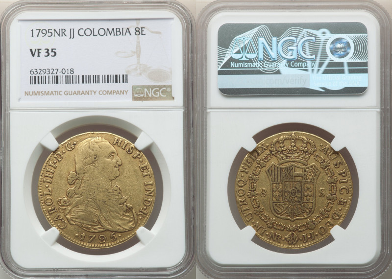 Charles IV gold 8 Escudos 1795 NR-JJ VF35 NGC, Nuevo Reino mint, KM62.1, Cal-172...