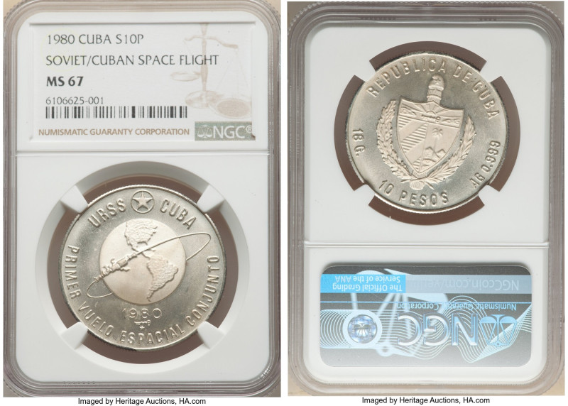 Republic "Soviet-Cuban Space Flight" 10 Pesos 1980 MS67 NGC, Havana mint, KM50. ...