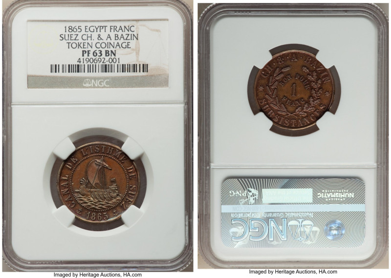 Abdul Aziz "Suez Canal" Proof Franc Token 1865 PR63 Brown NGC, KM-Tn3. 24-sided ...