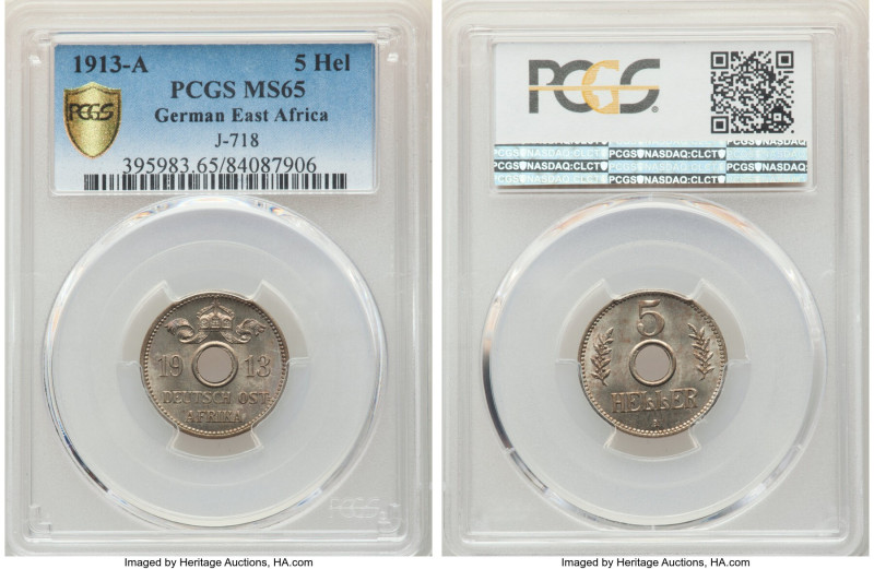 German Colony. Wilhelm II 5 Heller 1913-A MS65 PCGS, Berlin mint, KM13, J-718. A...