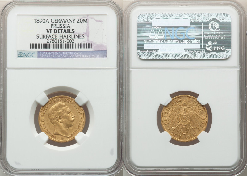 Prussia. Wilhelm II gold 20 Mark 1890-A VF Details (Surface Hairlines) NGC, Berl...