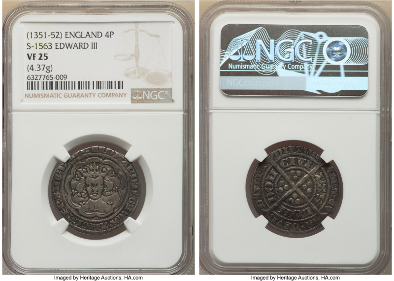 Edward III (1327-77) Groat (4 Pence) ND (1351) VF25 NGC, London mint, S-1563. 4....