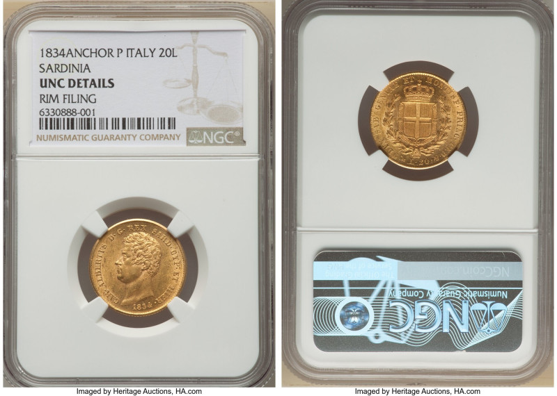 Sardinia. Carlo Alberto gold 20 Lire 1834 (Anchor)-P UNC Details (Rim Filing) NG...