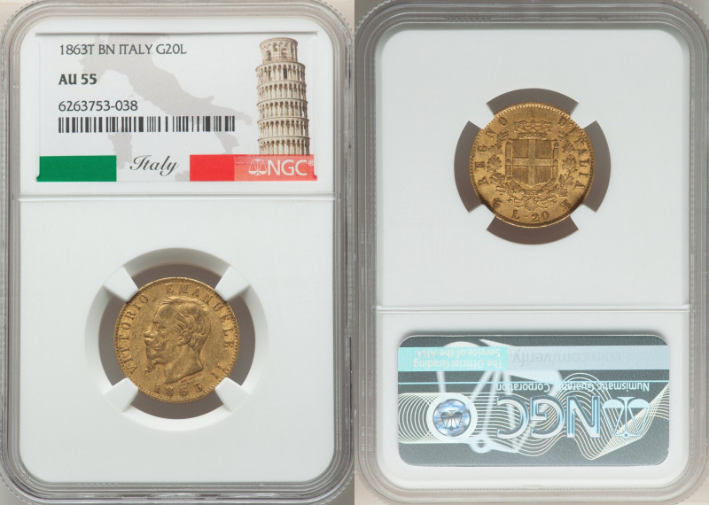 Vittorio Emanuele II gold 20 Lire 1863 T-BN AU55 NGC, Turin mint, KM10.1. 

HID0...