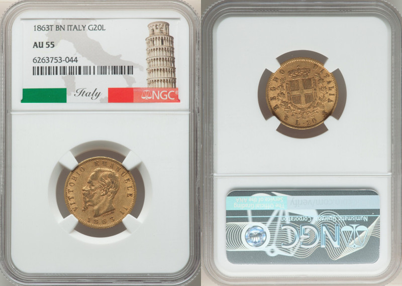 Vittorio Emanuele II gold 20 Lire 1863 T-BN AU55 NGC, Turin mint, KM10.1. 

HID0...