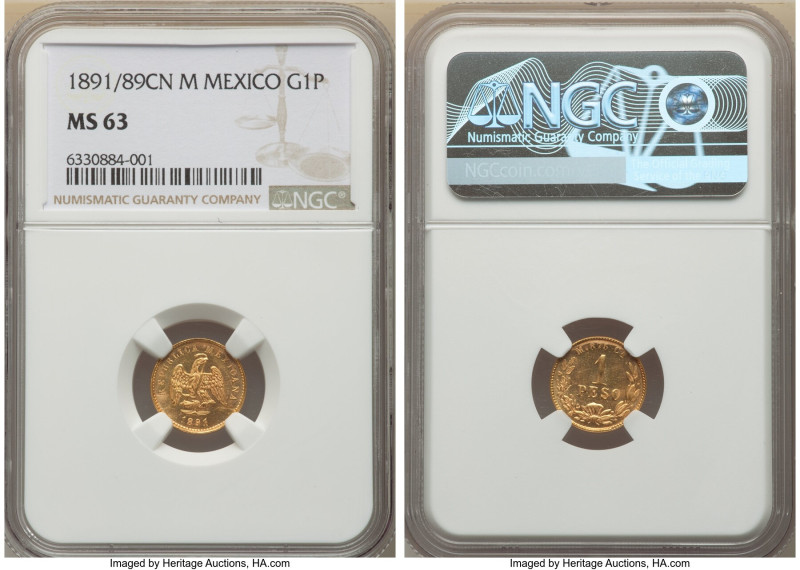 Republic gold Peso 1891/89 Cn-M MS63 NGC, Culiacan mint, KM410.2. Mintage: 969. ...