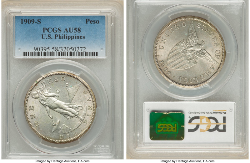 USA Administration Peso 1909-S AU58 PCGS, San Francisco mint, KM172. Argent surf...