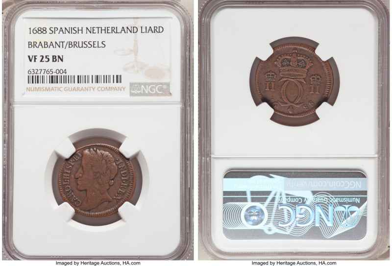 Brabant. Charles II copper Liard 1688 VF25 Brown NGC, KM-Unl. Evenly patinated, ...