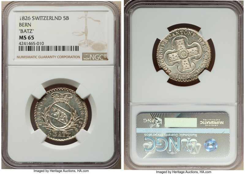 Bern. Canton 5 Batzen 1826 MS65 NGC, KM196.1. A one-year type blessed with Proof...