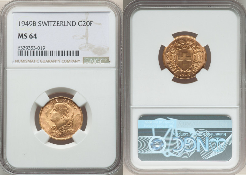 Confederation gold 20 Francs 1949-B MS64 NGC, Bern mint, KM35.2. 

HID0980124201...