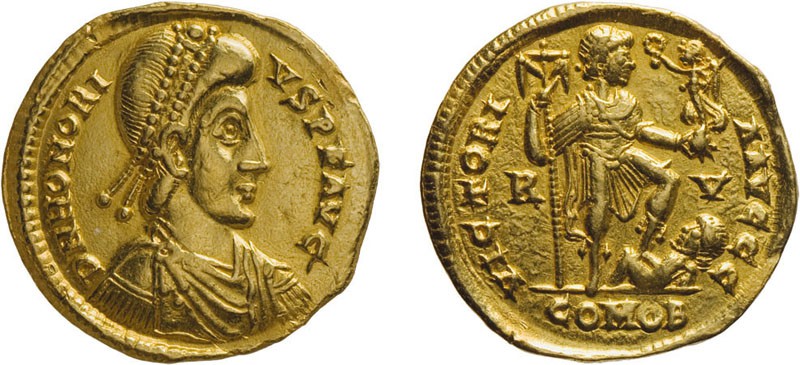 MONETE ROMANE IMPERIALI. RAVENNA. ONORIO (393-423). SOLIDO - Oro, 4,43 gr, 20 mm...