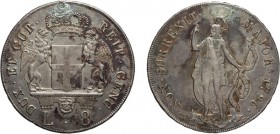 ZECCHE ITALIANE. REPUBBLICA DI GENOVA. DOGI BIENNALI III FASE (1637-1797) 8 LIRE 1796 - Argento, 33,45 gr, 40 mm, foro otturato altrimenti BB.
D: DVX...