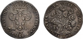 ZECCHE ITALIANE. LIVORNO. COSIMO III DE'MEDICI (1670-1723). PEZZA DELLA ROSA 1684 - Argento, 25.90 gr, 40 mm, BB+/qSPL
D/ COSMVS III D G MAG DVX ETRV...