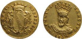 ZECCHE ITALIANE. REPUBBLICA DI LUCCA (1369-1769). DOPPIA 1750 - Oro, 5,26 gr, 20 mm, minimi segni di montatura altrimenti BB+/qSPL
D: RESPUBLICA LUCE...