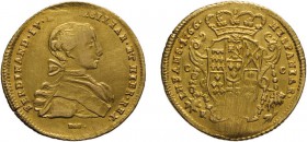 ZECCHE ITALIANE. NAPOLI. FERDINANDO IV DI BORBONE (I PERIODO). 6 DUCATI 1766 - Oro, 8,80 gr, 27 mm, graffi di conio, tondello ondulato altrimenti BB+/...