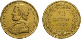 ZECCHE ITALIANE. ROMA, PIO IX (1846-1878). 10 SCUDI 1856, ANNO XI - Oro, 17,29 gr, 28 mm, tracce di montatura altrimenti BB+
D: Busto a s. con zucche...