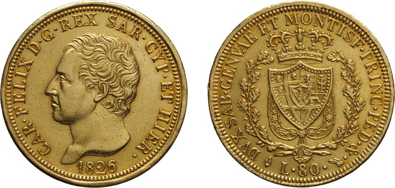 CASA SAVOIA. REGNO DI SARDEGNA. CARLO FELICE. 80 lire 1826 - Torino. Oro, 25,80 ...