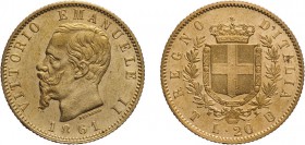 REGNO D'ITALIA. VITTORIO EMANUELE II. 20 LIRE ORO 1861 - Torino. Oro, 6,43 gr, 21 mm, SPL+. Rara.
D: VITTORIO EMANUELE II Testa del Re a sinistra- so...