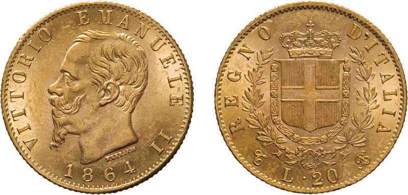 REGNO D'ITALIA. VITTORIO EMANUELE II. 20 LIRE ORO 1864 - Torino. Oro, 6,46 gr, 2...