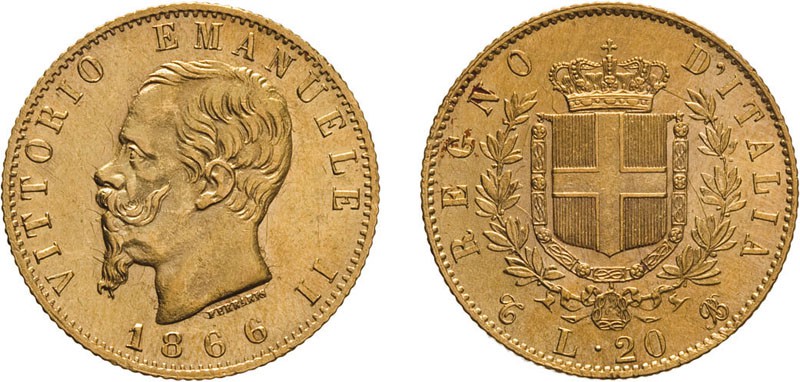 REGNO D'ITALIA. VITTORIO EMANUELE II. 20 LIRE ORO 1866 - Torino. Oro, 6,45 gr, 2...