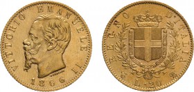 REGNO D'ITALIA. VITTORIO EMANUELE II. 20 LIRE ORO 1866 - Torino. Oro, 6,45 gr, 21 mm, SPL. Rara
D: VITTORIO EMANUELE II Testa del Re a sinistra- sott...