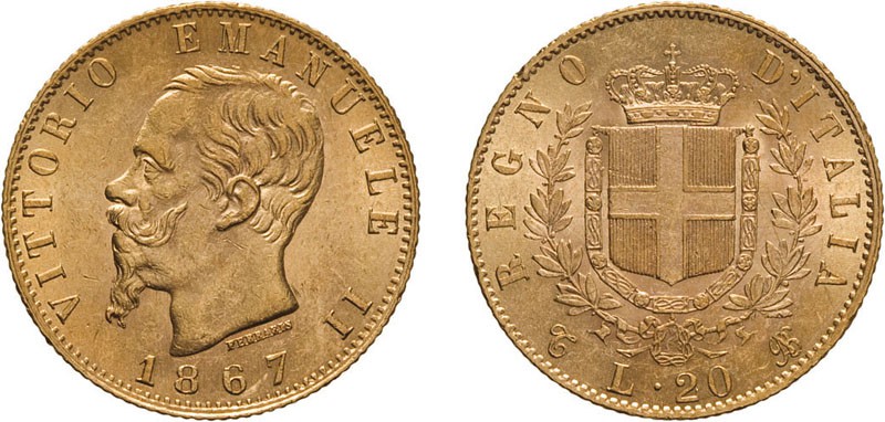 REGNO D'ITALIA. VITTORIO EMANUELE II. 20 LIRE ORO 1867 - Torino. Oro, 6,45 gr, 2...