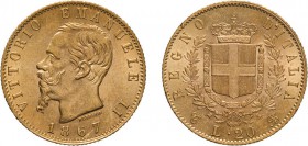 REGNO D'ITALIA. VITTORIO EMANUELE II. 20 LIRE ORO 1867 - Torino. Oro, 6,45 gr, 21 mm, SPL+.
D: VITTORIO EMANUELE II Testa del Re a sinistra- sotto il...
