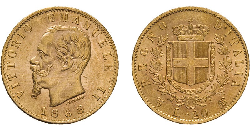 REGNO D'ITALIA. VITTORIO EMANUELE II. 20 LIRE ORO 1868 - Torino. Oro, 6,44 gr, 2...