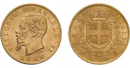 REGNO D'ITALIA. VITTORIO EMANUELE II. 20 LIRE ORO 1868 - Torino. Oro, 6,44 gr, 21 mm, SPL+.
D: VITTORIO EMANUELE II Testa del Re a sinistra- sotto il...