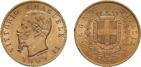 REGNO D'ITALIA. VITTORIO EMANUELE II. 20 LIRE ORO 1869 - Torino. Oro, 6,46 gr, 21 mm, SPL+.
D: VITTORIO EMANUELE II Testa del Re a sinistra- sotto il...