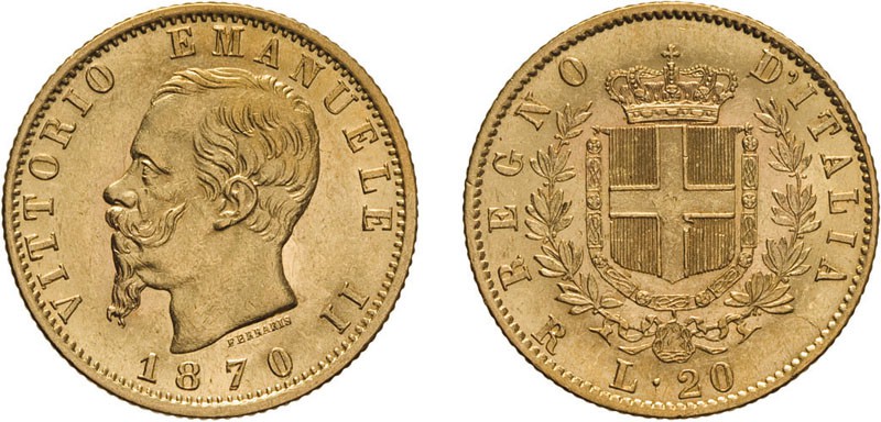 REGNO D'ITALIA. VITTORIO EMANUELE II. 20 LIRE ORO 1870 - Roma. Oro, 6,44 gr, 21 ...