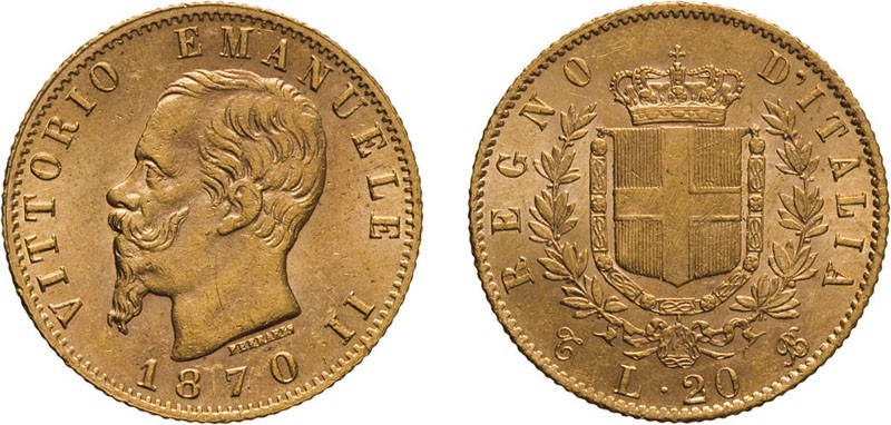REGNO D'ITALIA. VITTORIO EMANUELE II. 20 LIRE ORO 1870 - Torino. Oro, 6,46 gr, 2...