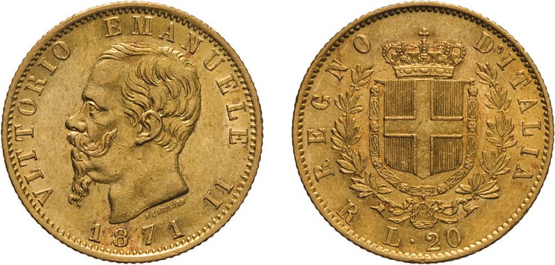 REGNO D'ITALIA. VITTORIO EMANUELE II. 20 LIRE ORO 1871 - Roma. Oro, 6,44 gr, 21 ...