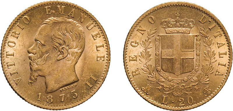 REGNO D'ITALIA. VITTORIO EMANUELE II. 20 LIRE ORO 1873 - Milano. Oro, 6,45 gr, 2...