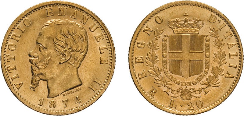 REGNO D'ITALIA. VITTORIO EMANUELE II. 20 LIRE ORO 1874 - Roma. Oro, 6,45 gr, 21 ...