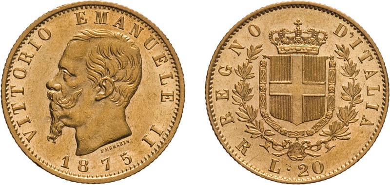 REGNO D'ITALIA. VITTORIO EMANUELE II. 20 LIRE ORO 1875 - Roma. Oro, 6,45 gr, 21 ...