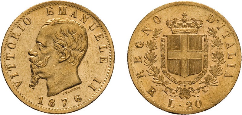 REGNO D'ITALIA. VITTORIO EMANUELE II. 20 LIRE ORO 1876 - Roma. Oro, 6,43 gr, 21 ...