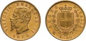 REGNO D'ITALIA. VITTORIO EMANUELE II. 20 LIRE ORO 1878 - Roma. Oro, 6,45 gr, 21 mm, SPL+. Ex Nomisma 45. Uno rovesciato. Molto Rara.
D: VITTORIO EMAN...