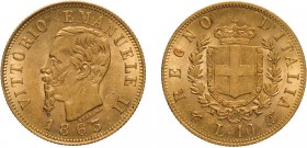 REGNO D'ITALIA. VITTORIO EMANUELE II. 10 LIRE ORO 1863 - Torino. Oro, 3,24 gr, 18,5 mm, qFDC.
D: VITTORIO EMANUELE II Testa del Re a sinistra- sotto ...