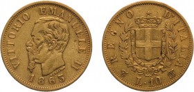 REGNO D'ITALIA. VITTORIO EMANUELE II. 10 LIRE ORO 1863 - Torino. Oro, 3,18 gr, 19 mm, MB+.
D: VITTORIO EMANUELE II Testa del Re a sinistra- sotto il ...