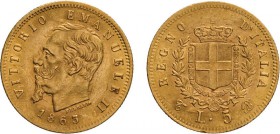 REGNO D'ITALIA. VITTORIO EMANUELE II. 5 LIRE ORO 1863 - Torino. Oro, 1,57 gr, 17 mm, SPL+. Rara.
D: VITTORIO EMANUELE II Testa del Re a sinistra- sot...