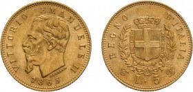 REGNO D'ITALIA. VITTORIO EMANUELE II. 5 LIRE ORO 1865 - Torino. Oro, 1,62 gr, 17 mm, SPL+. Rara.
D: VITTORIO EMANUELE II Testa del Re a sinistra- sot...