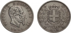 REGNO D'ITALIA. VITTORIO EMANUELE II. 1 LIRA STEMMA 1861 - Torino. Argento, 4,94 gr, 23 mm, colpetto nel campo al diritto e sullo scudo al rovescio, M...